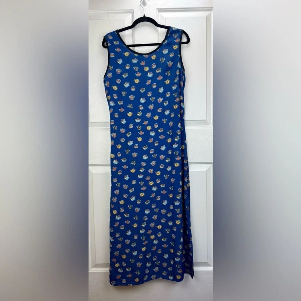 Vintage DK Cottagecore Maxi Shift Dress Teapot Tea Party Twee Quirky Novelty M‎